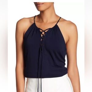 navy blue sleeveless lace up boho casual festival tank S capsule